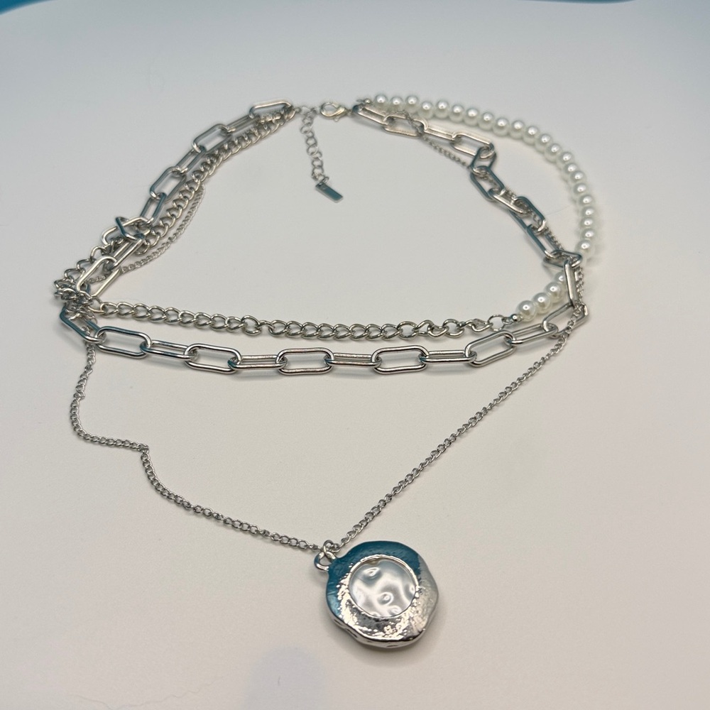 Silver Layered Necklace with Pearl Accents